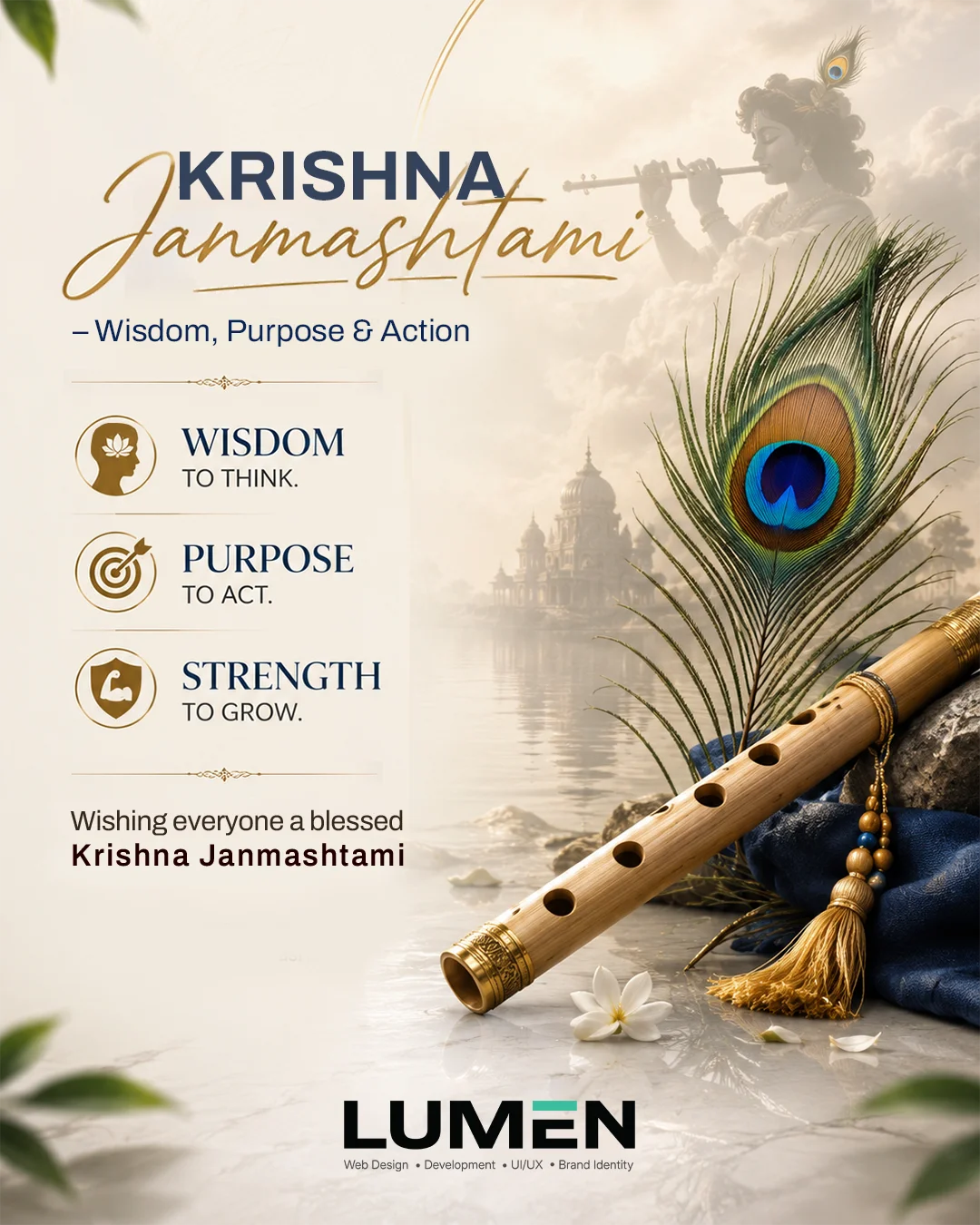 Woman in a Krishna Janmashtami-inspired portrait with a peacock feather, flute, and spiritual festive styling.