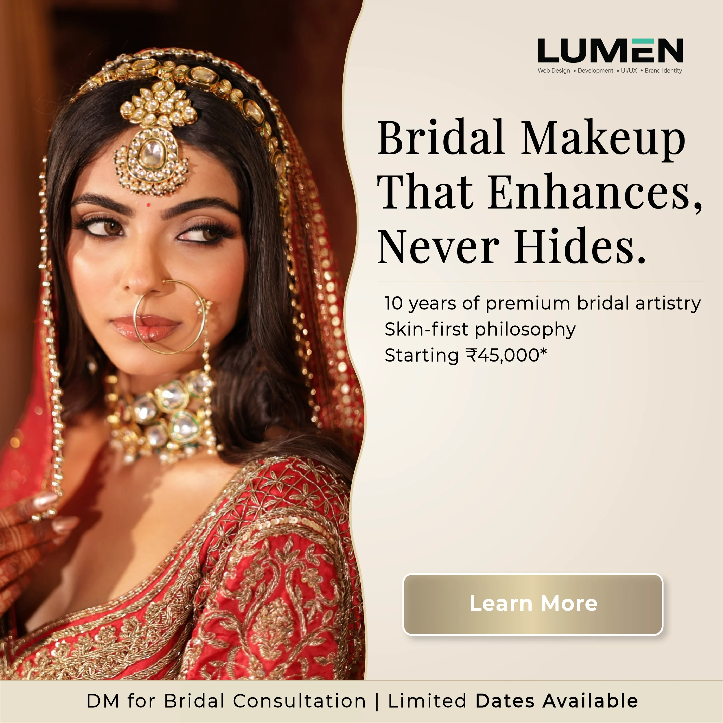 Traditional bridal portrait showing a woman in an elegant red outfit with detailed gold accessories.
