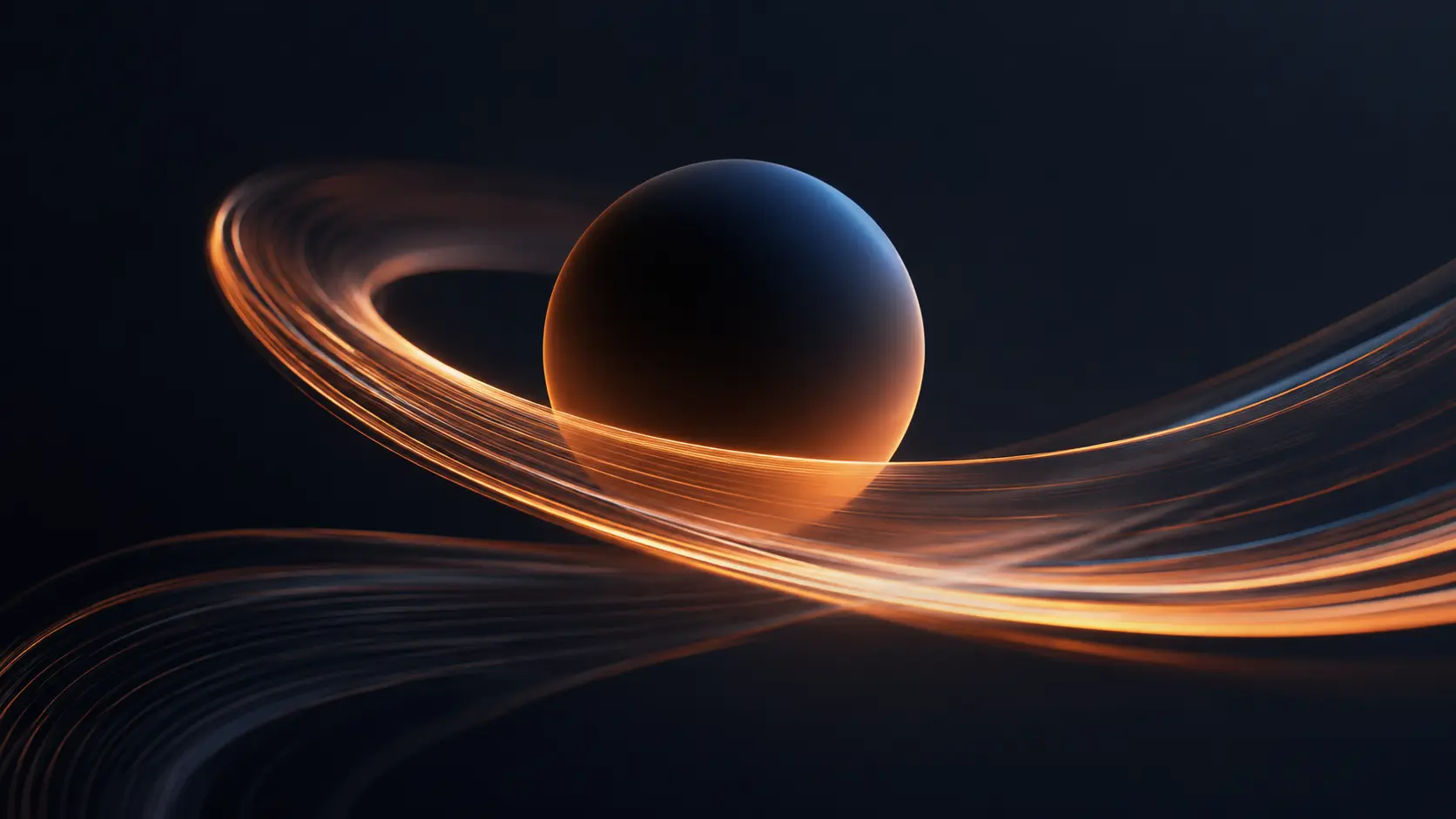 A sleek, abstract conceptual graphic featuring a dark celestial sphere enveloped by fluid, glowing golden light paths, symbolizing creative momentum and precision.